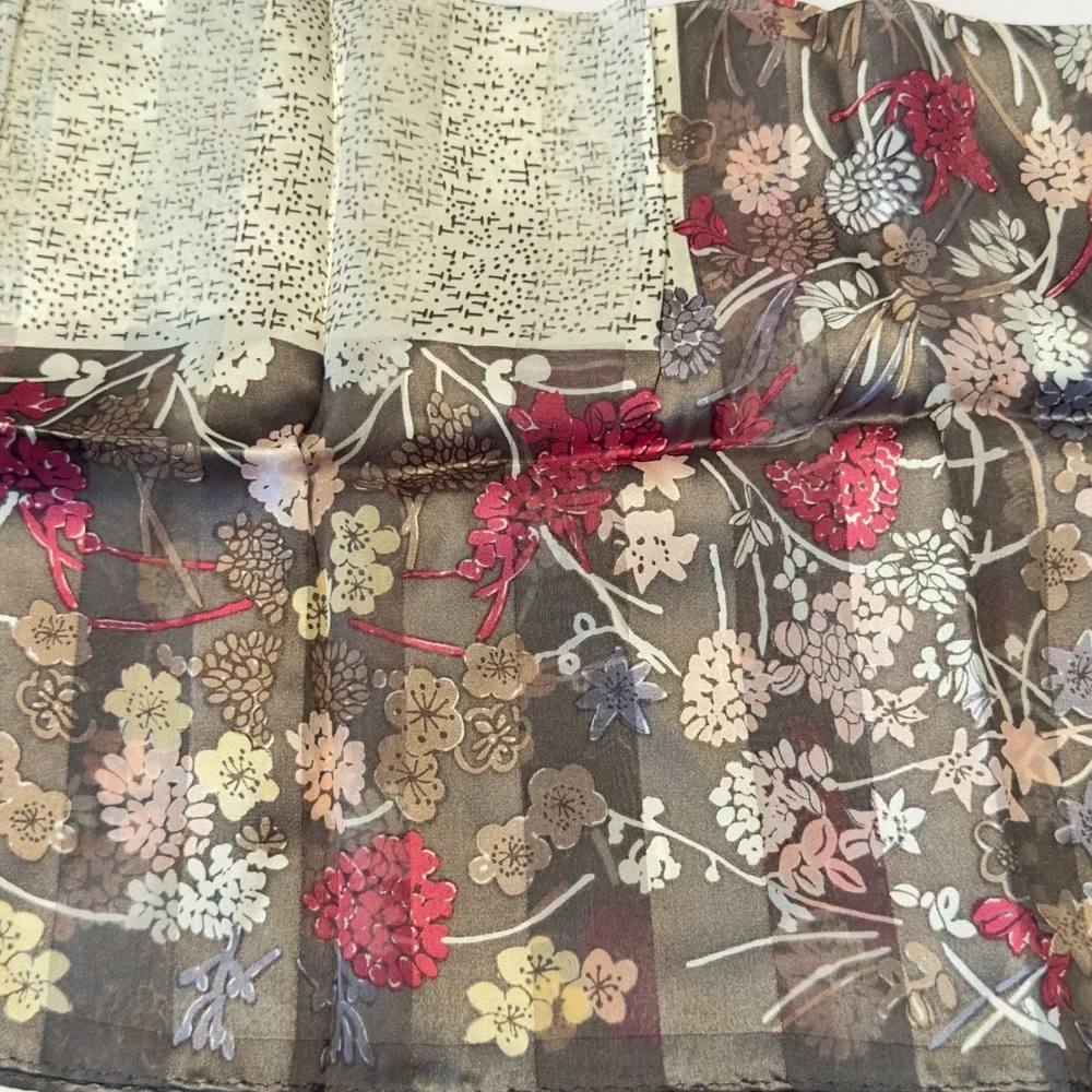 Floral Silk Square‎ Scarf Brown Red Sheer Printed in Korea Vintage 90s Y2K